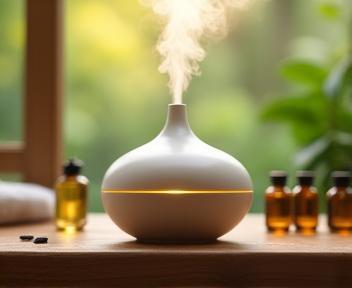 Diffuseur d’huiles essentielles sur fond boisé naturel